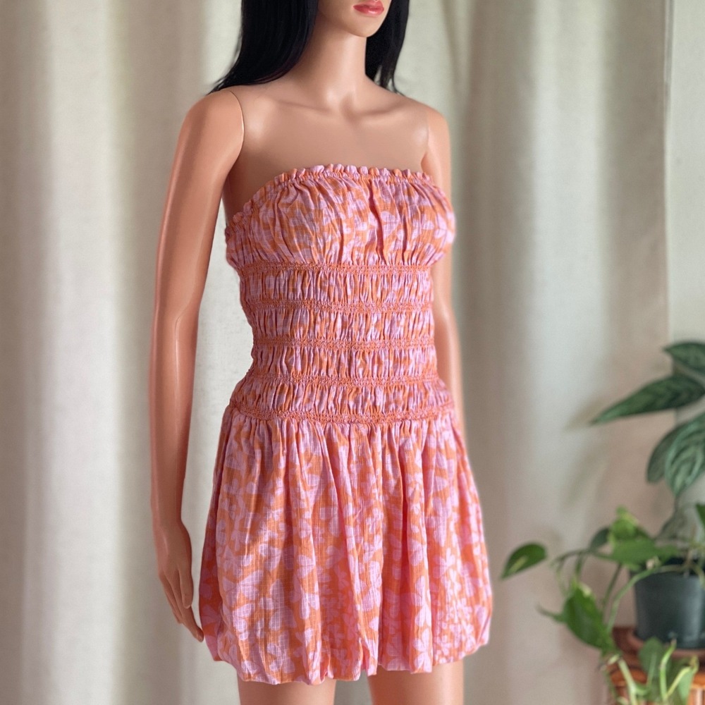NWT Free People Annalise Smocked Strapless Bubble Hem Mini Dress Orange Pink M